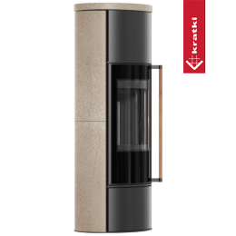 Sobă din oțel KRATKI ERIK Ø 150 5,5 kW, ceramică decorativă cu depozitare GOLD SATIN, capac ceramic; termotec negru; cu mecanism de închidere; mâner din lemn exotic de Jatoba