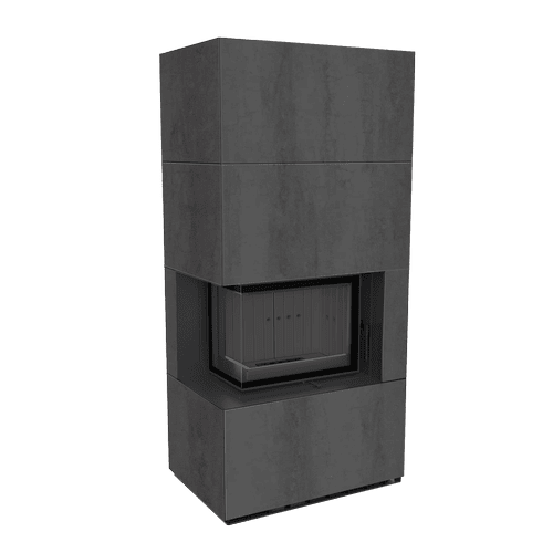 Modular fireplace FLOKI BOX left 8 kW Ø 160 quartz sinter NATURALI PIETRA DI SAVOIA ANTRANCITE BOCCIARDATA black thermotec