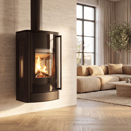 Seinälle ripustettava liesi AB ENYO R VIEW 5,5 kW Ø 150 seinäkiinnikkeellä