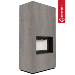 Modulaarinen takka KRATKI FLOKI BOX 8 kW Ø 160 kvartsisintteri NATURALI PIETRA DI SAVOIA GRIGIA BOCCIARDATA