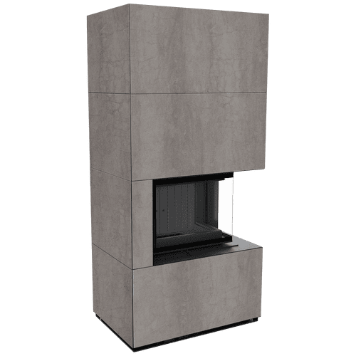 Modular fireplace FLOKI BOX right 8 kW Ø 160 quartz sinter NATURALI PIETRA DI SAVOIA GRIGIA BOCCIARDATA black thermotec
