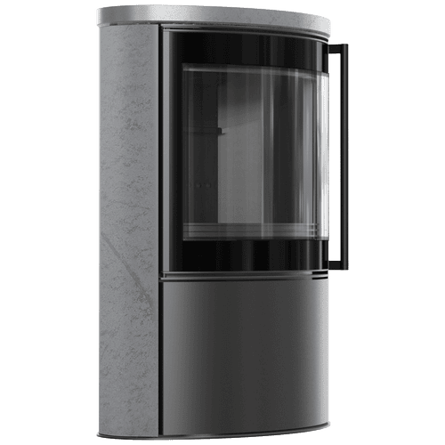 BJORN Ø 150 7 kW freistehender Stahlofen, dekorative GREY SATIN-Speicherkeramik, Keramikabdeckung; schwarzes Thermotec