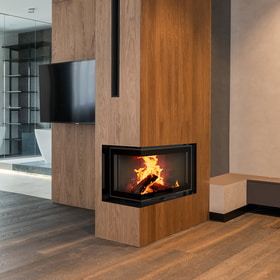 Steel fireplace MBM left 10 kW Ø 200 Lift-up Bent glass black thermotec