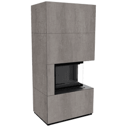 Modularni kamin KRATKI FLOKI BOX desni 8 kW Ø 160 kvarčni sinter NATURALI PIETRA DI SAVOIA GRIGIA BOCCIARDATA črni thermotec
