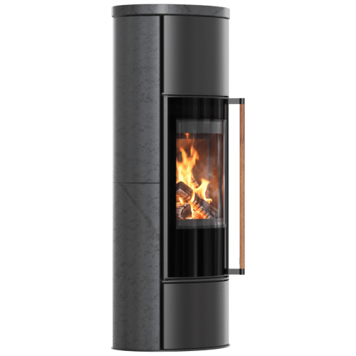 ERIK Ø 150 5,5 kW plieninė krosnelė, dekoratyvi GRAFITE SATIN keramika, keraminis dangtis; juodas termotec audinys; jatoba egzotinės medienos rankena