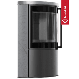 BJORN Ø 150 7 kW freistehender Stahlofen, dekorative GRAY SATIN-Speicherkeramik, Keramikabdeckung; schwarzes Thermotec