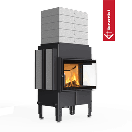 Heat-retaining fireplace KRATKI NORRA right 9.9 kW Ø 200 – set with side heat storage and 5 layers of top heat storage