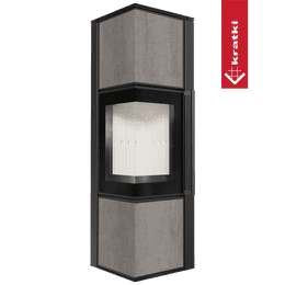 Wood burning steel stove KRATKI TORA/M 8 kW Ø 150 quartz sinter NATURALI PIETRA DI SAVOIA GRIGIA BOCCIARDATA self closing door