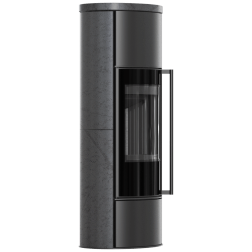 Sobă din oțel KRATKI ERIK Ø 150 5,5 kW, ceramică de acumulare cu finisaj decorativ GRAFITE SATIN, capac ceramic; termotec negru; cu mecanism de închidere