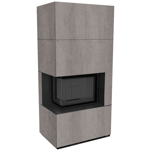 Modular fireplace FLOKI BOX left 8 kW Ø 160 quartz sinter NATURALI PIETRA DI SAVOIA GRIGIA BOCCIARDATA black thermotec