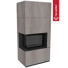 Modular fireplace KRATKI FLOKI BOX left 8 kW Ø 160 quartz sinter NATURALI PIETRA DI SAVOIA GRIGIA BOCCIARDATA black thermotec