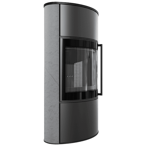 BJORN freistehender Stahlofen Ø 150 7 kW Hochdekorative GREY SATIN-Speicherkeramik; Stahlabdeckung; schwarzes Thermotec; mit Verschlussmechanismus