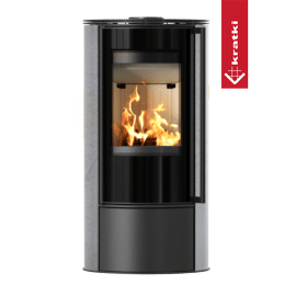 Oceľové kachle na drevo KRATKI ERIK Ø 150 5,5 kW dekoratívna keramika GRAY SATIN samozatváracie dvierka