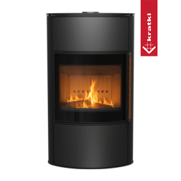 Stufa in acciaio con camicia d'acqua KRATKI BJORN Aqua 10 kW Ø 150, rivestimento nero, con meccanismo di chiusura, maniglia in legno esotico di Jatoba