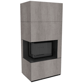Modular fireplace FLOKI BOX left 8 kW Ø 160 quartz sinter NATURALI PIETRA DI SAVOIA GRIGIA BOCCIARDATA black thermotec