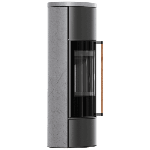 Sobă ERIK Ø 150 din oțel de 5,5 kW, ceramică de depozitare GRI SATINAT cu finisaj decorativ, capac ceramic; termotec negru; mâner din lemn exotic Jatoba
