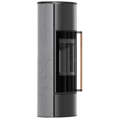 Piec stalowy KRATKI ERIK Ø 150 5,5 kW Wysoki, ozdobna ceramika akumulacyjna GREY SATIN, pokrywa stalowa, czarny termotec, klamka z drewna egzotycznego Jatoba