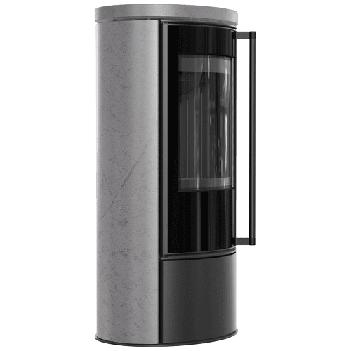 Piec wolnostojący KRATKI ERIK Ø 150 5,5 kW ozdobna ceramika akumulacyjna GREY SATIN pokrywa ceramiczna; czarny termotec