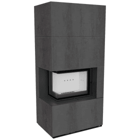 Modular fireplace FLOKI BOX left 8 kW Ø 160 quartz sinter NATURALI PIETRA DI SAVOIA ANTRANCITE BOCCIARDATA