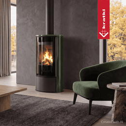 Fristående kamin ERIK 5,5 kW Ø 150 grön kakel, kakelskydd, svart termotec