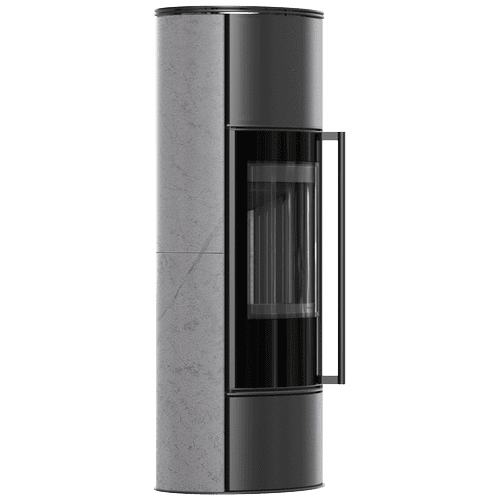 Piec stalowy KRATKI ERIK Ø 150 5,5 kW Wysoki, ozdobna ceramika akumulacyjna GREY SATIN, pokrywa stalowa, czarny termotec, z domykaniem