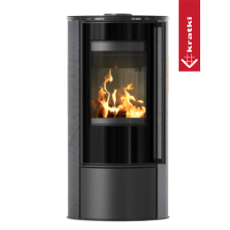 Oceľové kachle na drevo KRATKI ERIK Ø 150 5,5 kW dekoratívna keramika GRAFITE SATIN čierny thermotec samozatváracie dvierka