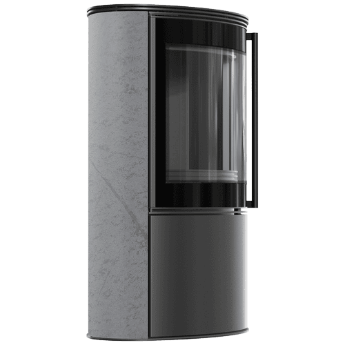 BJORN Ø 150 7 kW freistehender Stahlofen, dekorative GREY SATIN-Speicherkeramik, Stahlabdeckung; schwarzes Thermotec; mit Verschlussmechanismus