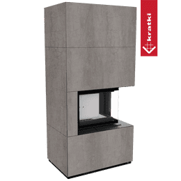 Modular fireplace KRATKI FLOKI BOX right 8 kW Ø 160 quartz sinter NATURALI PIETRA DI SAVOIA GRIGIA BOCCIARDATA