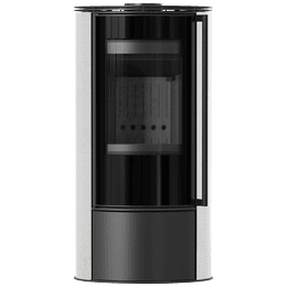Kaminofen aus Stahl KRATKI ERIK Ø 150 5,5 kW dekorative Keramiken WHITE SATIN schwarz Verkleidung mit Türfeder