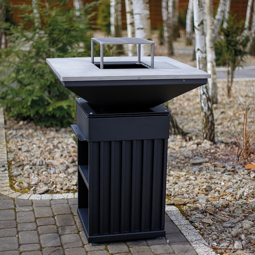 Kamin QUADRUM mit Grill mit Holzplatte