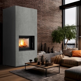 Modular fireplace FLOKI BOX 8 kW Ø 160 quartz sinter CEMENTO GRIGIO BOCCIARDATA