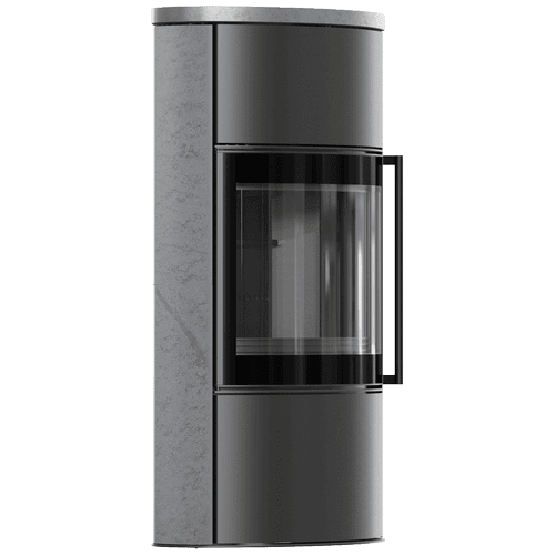 BJORN freistehender Stahlofen Ø 150 7 kW Hochdekorative Speicherkeramik GREY SATIN; Keramikabdeckung; schwarzes Thermotec