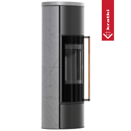 KRATKI ERIK stufa in acciaio Ø 150 5,5 kW alta decorazione GRIGIO SATIN contenitore in ceramica coperchio in ceramica; termotec nero; con meccanismo di chiusura; maniglia in legno esotico di Jatoba
