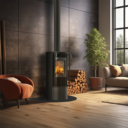 Freestanding steel stove KOZA SKADI with black thermotec and closing mechanism