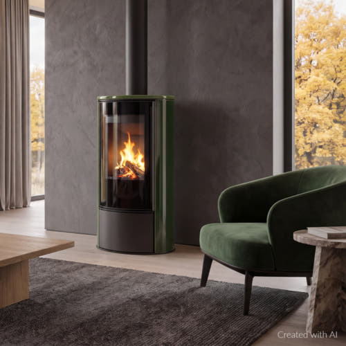 Sobă ERIK din oțel Ø 150 5,5 kW țiglă verde, capac țiglă neagră termotec