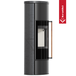 KRATKI ERIK Ø 150 5.5 kW steel stove, high decorative GRAFITE SATIN storage ceramics, ceramic cover; with closing mechanism, handle made of exotic Jatoba wood