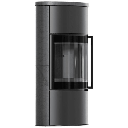 BJORN Ø 150 7 kW freistehender Stahlofen Hochdekorative GRAFITE SATIN Speicherkeramik; Keramikabdeckung; schwarzes Thermotec; mit Verschlussmechanismus