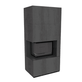 Modular fireplace FLOKI BOX left 8 kW Ø 160 quartz sinter NATURALI PIETRA DI SAVOIA ANTRANCITE BOCCIARDATA black thermotec