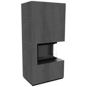 Modular fireplace FLOKI BOX right 8 kW Ø 160 quartz sinter NATURALI PIETRA DI SAVOIA ANTRANCITE BOCCIARDATA black thermotec