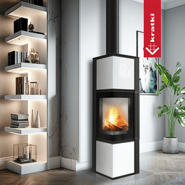 Braskamin Kratki TORA M Ø 150 8 kW med vit Lacobel-glasbeklädnad