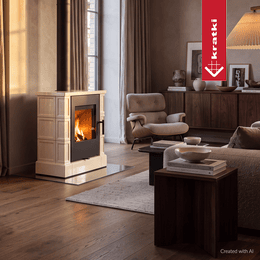 Stufa a libera installazione piastrellata KRATKI TORIR Ø 150 7 kW piastrella color crema, rivestimento nero