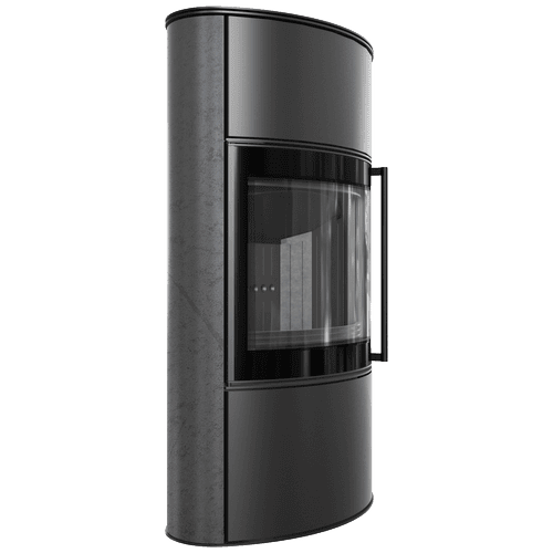 BJORN Ø 150 7 kW freistehender Stahlofen Hohe dekorative GRAFITE SATIN-Speicherkeramik; Stahlabdeckung; schwarzes Thermotec