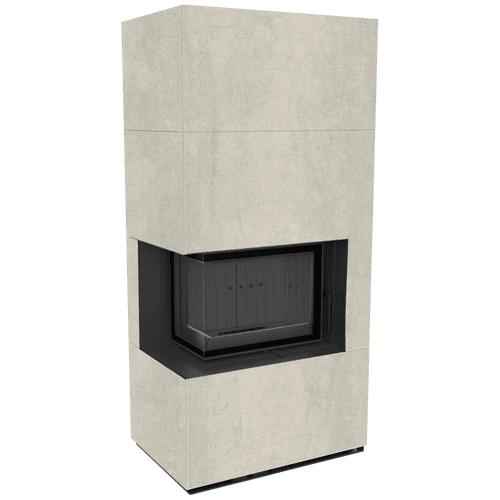 Modular fireplace FLOKI BOX left 8 kW Ø 160 quartz sinter NATURALI PIETRA DI SAVOIA PERLA BOCCIARDATA black thermotec