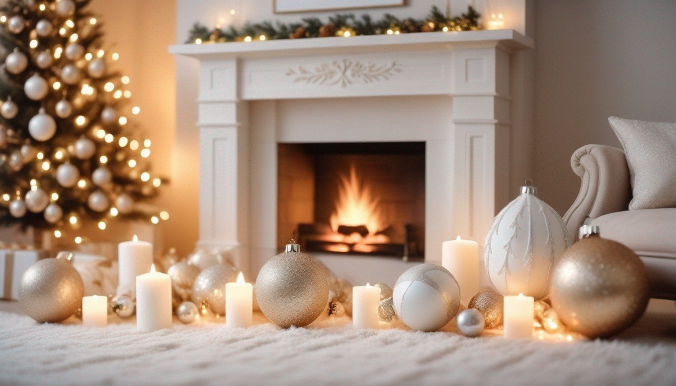 dekoracje kominka na święta beżowy i biały kolor