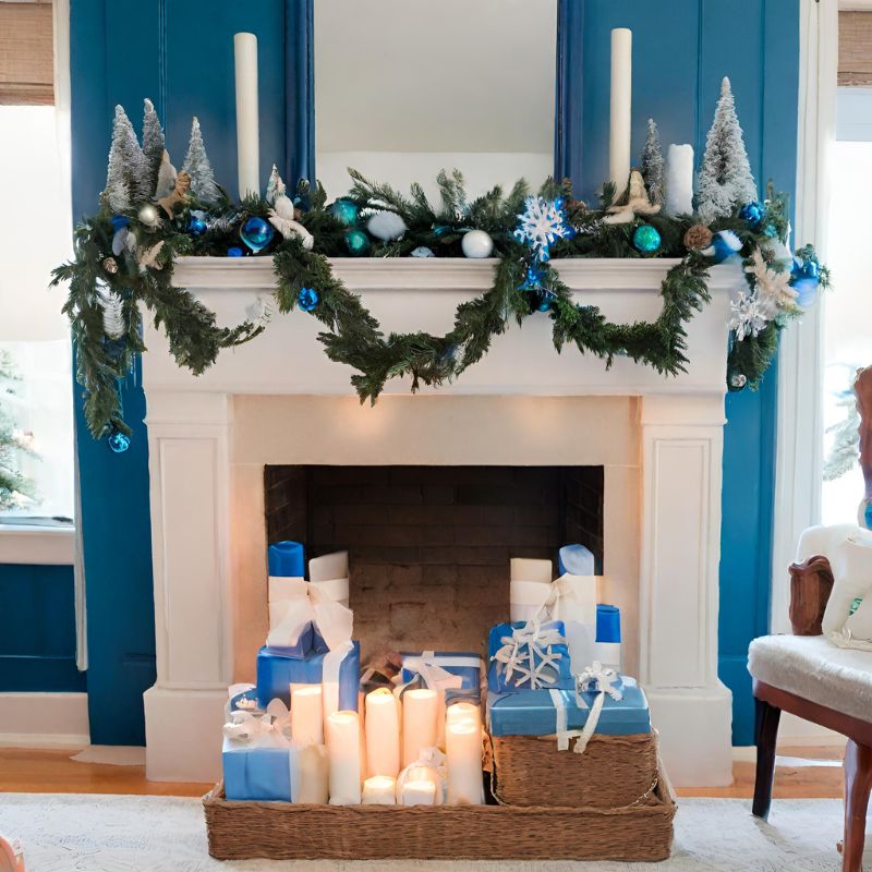 dekoracje świąteczne na kominek kolor błękitny